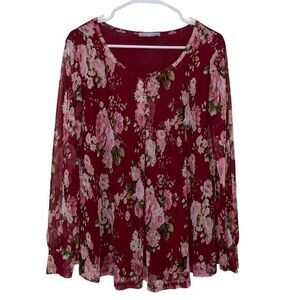 Furnex Women's Floral Bell‎ Sleeve Mesh Blouse Pleated Front Layered Top Size XL